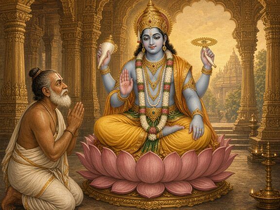 Lord Vishnu seated, with Nammalvar Alwar in prayer