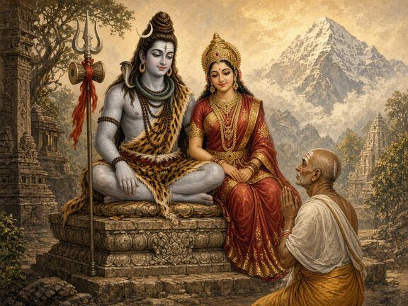 Lord Shiva and Parvati seated, with Appar Nayanmar in prayer