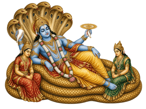 Mahavishnu reclining on Adi Sesha with Sridevi and Bhoodevi